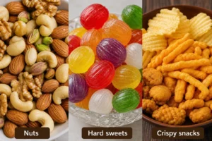 Grid displaying nuts, hard candies, and crispy snacks to avoid when choosing what to eat after tooth extraction.