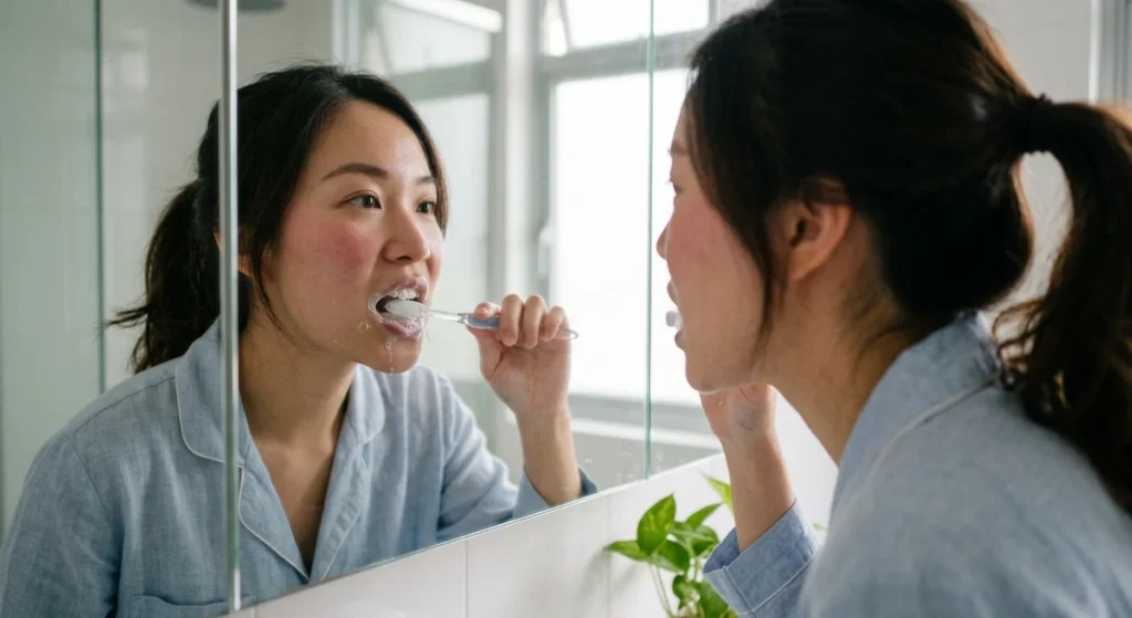 Woman looking in a bathroom mirror brushing her teeth during her morning routine, illustrating whether to brush teeth before or after breakfast.