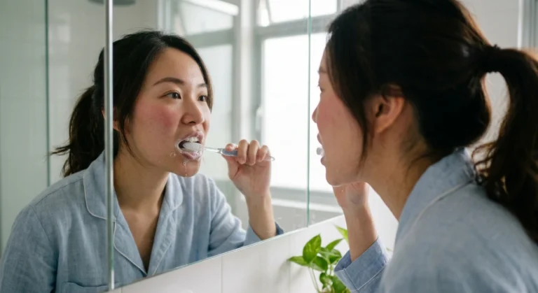 Woman looking in a bathroom mirror brushing her teeth during her morning routine, illustrating whether to brush teeth before or after breakfast.