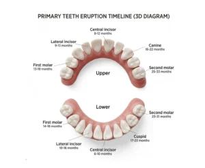 3D diagram showing primary teeth eruption timeline to help parents recognize expected stages and signs baby is teething.