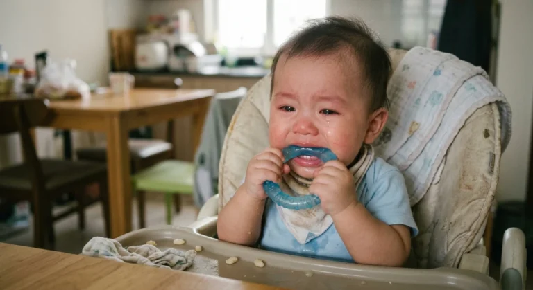 Fussing infant sitting in a high chair chewing on a blue teether, demonstrating common behavioral signs baby is teething.