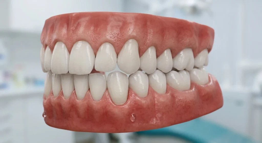 3D model displaying a full set of upper and lower adult teeth alignment for learning teeth names.