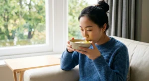 Woman drinking warm, blended soup from a bowl as a safe option for what to eat after tooth extraction.