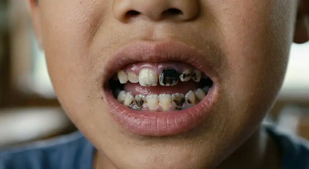 Close-up of kid’s mouth with severe tooth decay and black discolouration